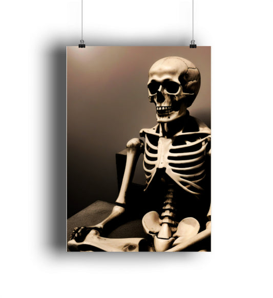 poster mit einem sitzenden Skelett als Motiv