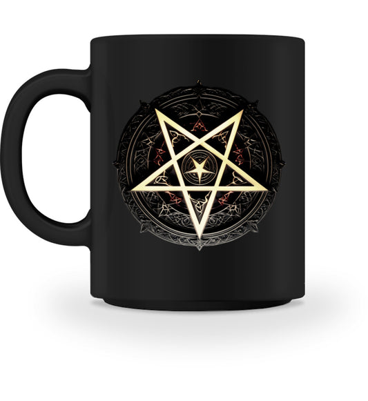Schwarze Tasse mit pentagram motiv